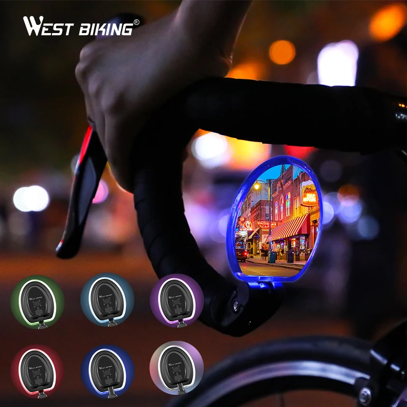WEST BIKING 360 Rotation Adjustable Rear View Mirror New Bike Rearview Mirror With LED Light USB Rechargeable Handlebar Mirror