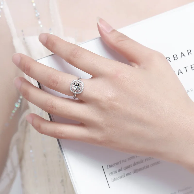 Diamond 1 carat wedding female ring s925 square bag ring couple gift closed mouth asscher moissanite ring