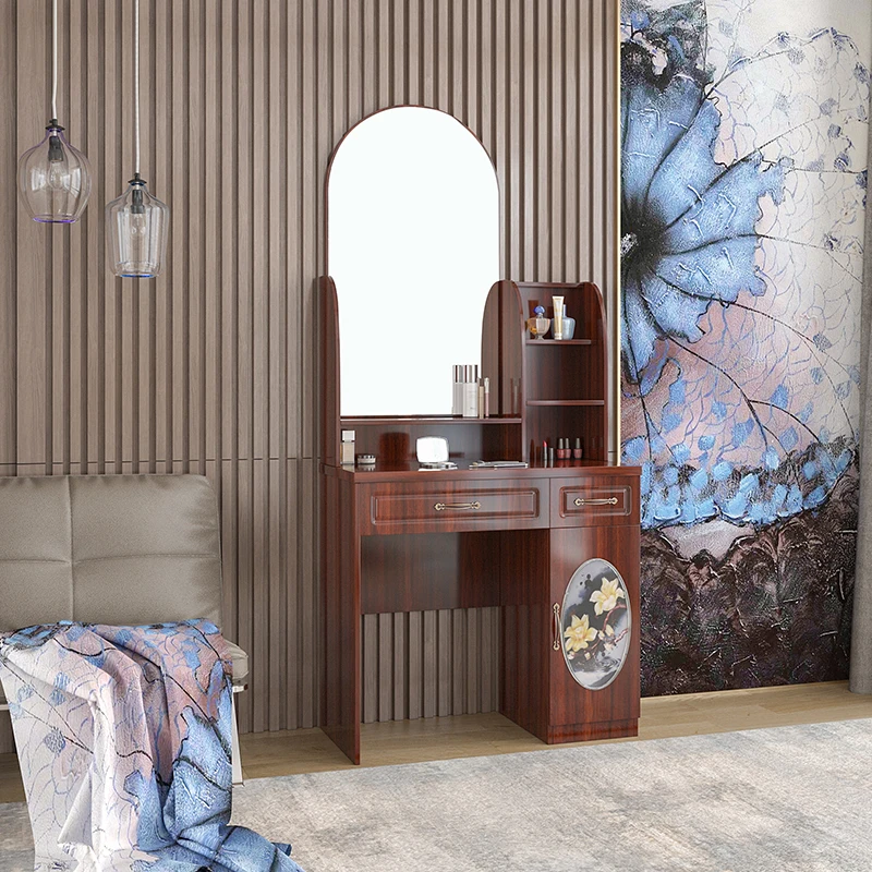 hot sale glass top vanity table simple design drawer storage dressing table brown makeup table set with mirror