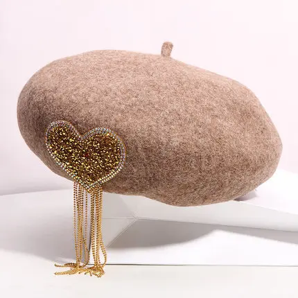 Custom Classy Rhinestone Bling Hat Women Love Pattern Diamond Tassel Wool Berets