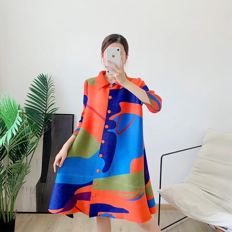 Ruffle lapel jacket 2022 new prefall temperament large size dress in a long printed blouse dress