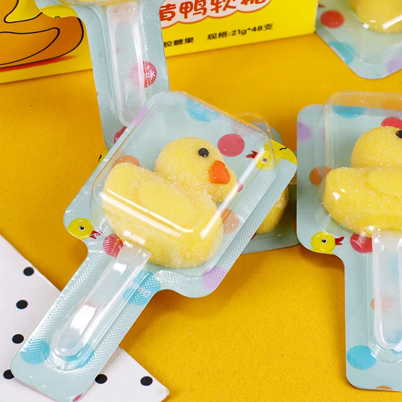 Oem Delicious Halal 21G Yellow Duck Shape Fudge Snack Soft Duck Stick Gummy Candy