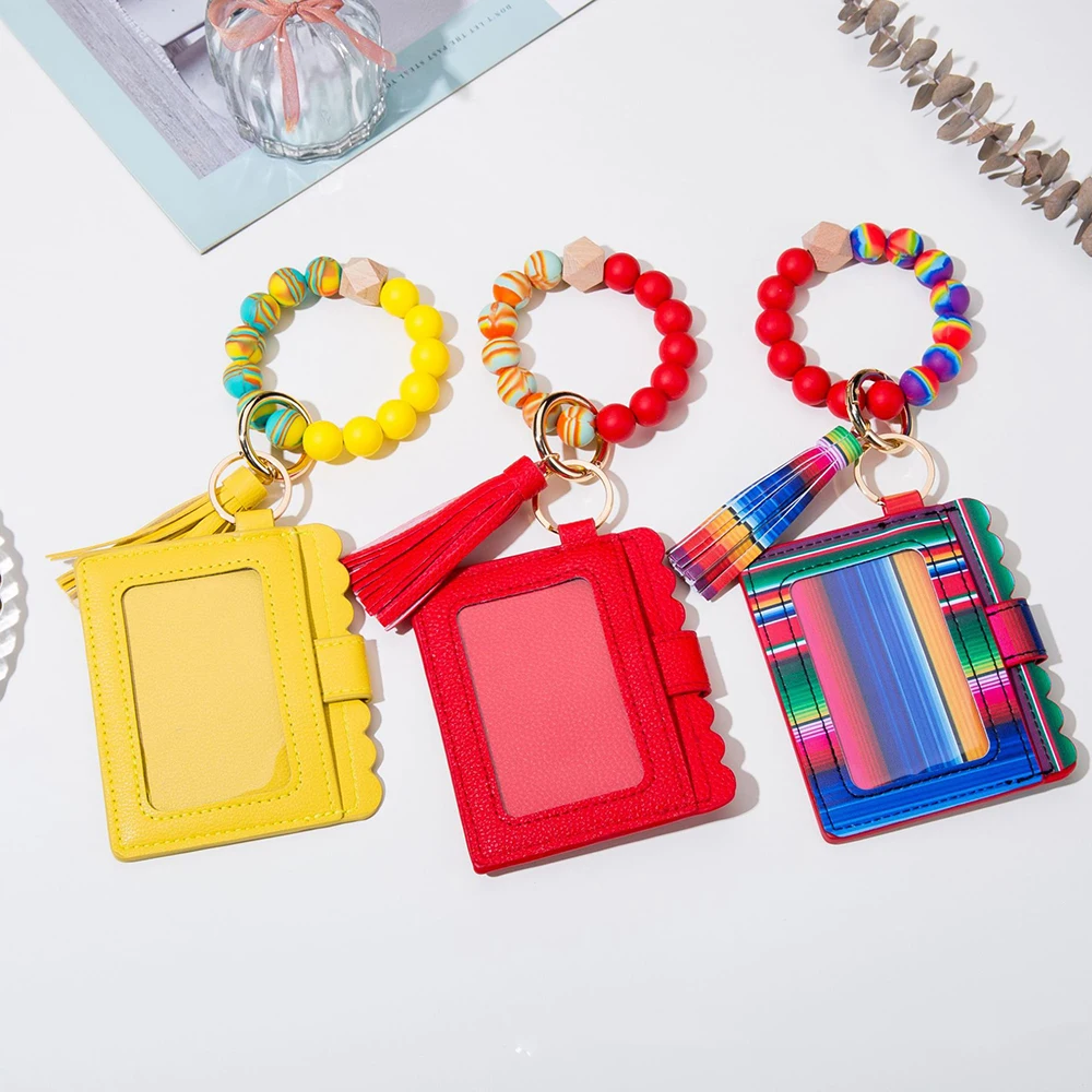Silicone Bead Pu Bracelet Card Holder Purse Tassel Wristlet Wallet Leather Keychain Wristband Decoration Car Jewelry For Gifts