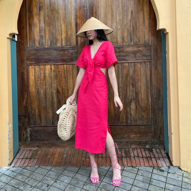 Midi Dresses Cotton Linen Price Dress For Woman Cut Out At Waist  Easy To Wear Customized Packaging Vietnam Manufacturer