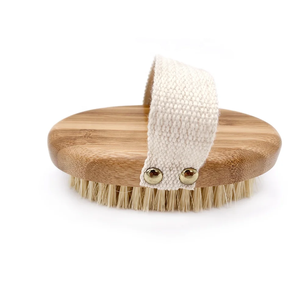 Hot Sale Wood Natural Bristle Dry Skin Body Brush With Total Bamboo Handle Hand Band For Nice Comfortable  Grip