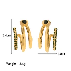 New 18k gold plated stainless steel with three layers of green/white cubic zirconia geometry stainless steel earrings