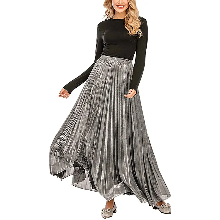 Женская длинная Плиссированная юбка блестящая юбка-макси с металлическим блеском гармошкой для вечеринки и выпускного вечера большие размеры