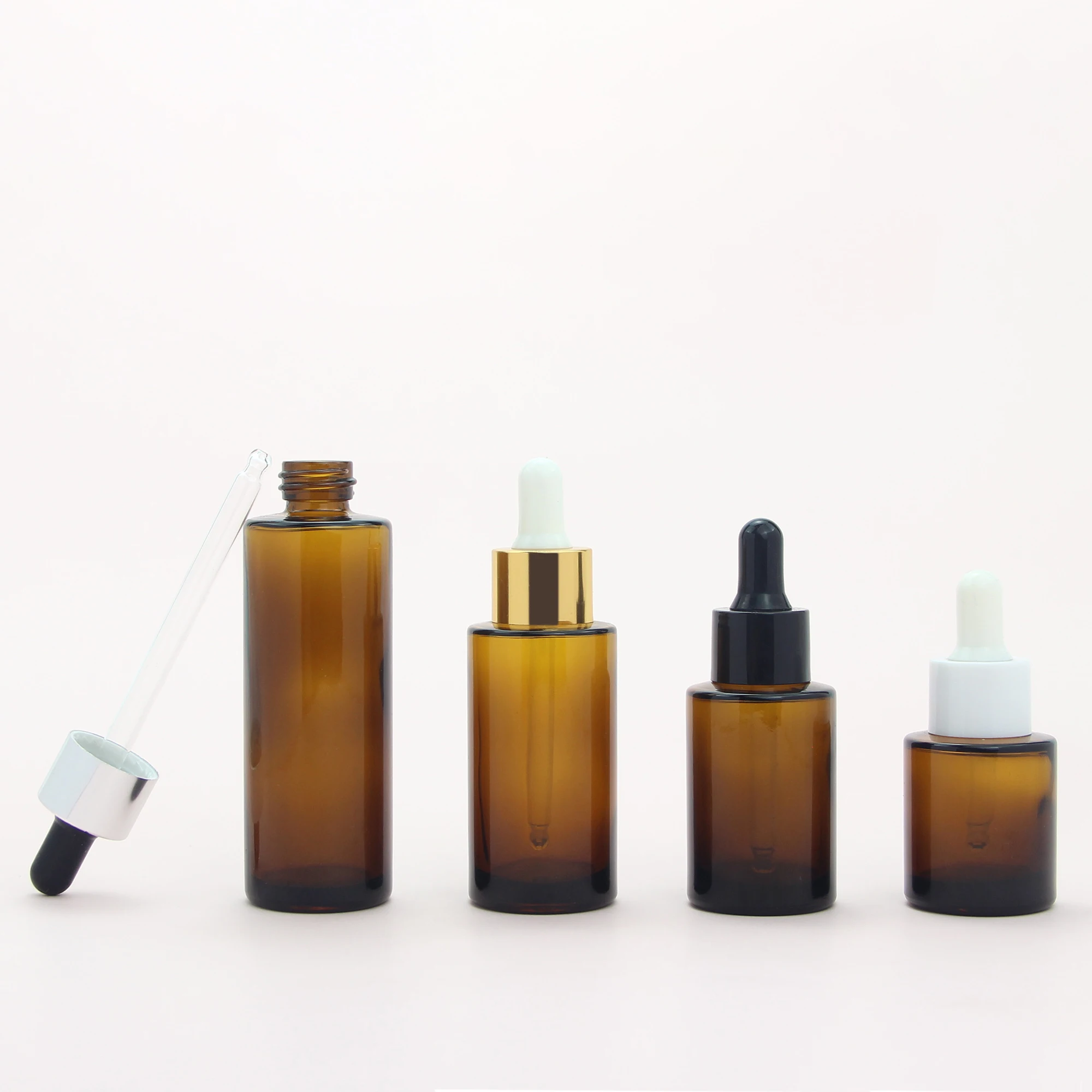 Flat Shoulder Brown Amber Serum Dropper Glass Bottle 20 30 40 60 ml Hair Oil Bottles with Gold Silver Black White Cap