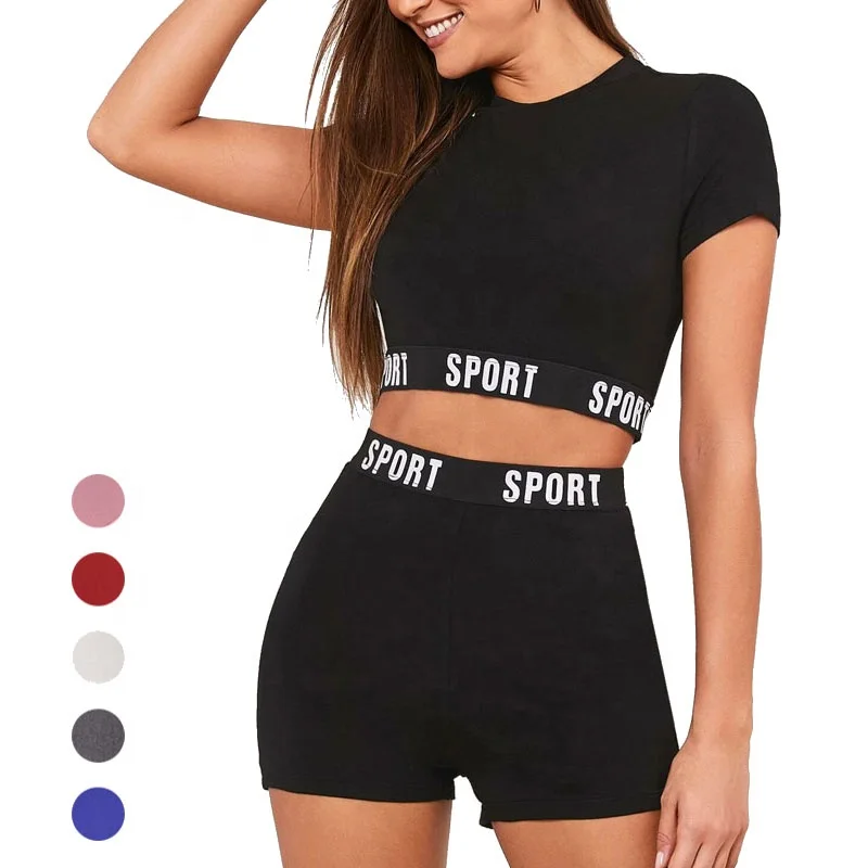 2022 New Arrivals  Wholesale Custom  Bamboo Casual Sports Two Piece Set Women Clothing Letter Tape Hem Crop Top & Biker Shorts