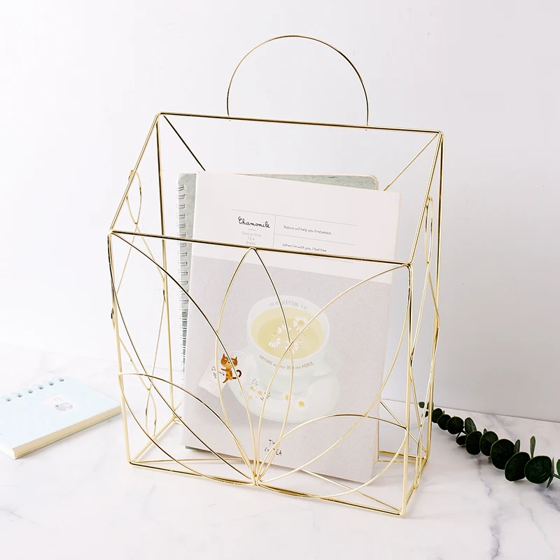 Office Supplies Portable Desk Organizer Storage Baskets Gold Metal Wire Wall Mounted Hanging Baskets File Magazine Rack Holder
