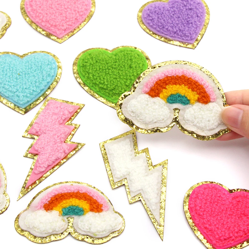 Sequin Chenille Embroidery Patches Rainbow Lightning Heart Patches Appliques Iron On Patches For Children Woman Clothes