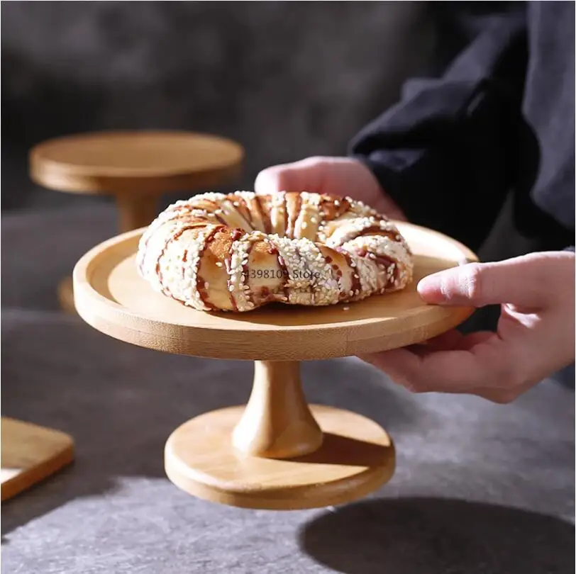 Natural bamboo fruit plate dessert plate creative transparent glass cover cake tray bread plate dessert table display stand