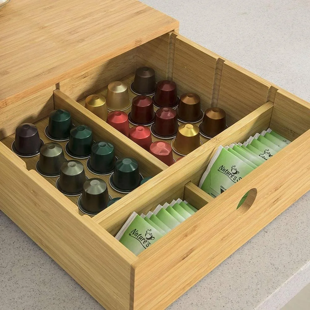 Bamboo Coffee Pod Storage Drawer Coffee Capsule Teabags Box Holder Organizer Coffee Machine Stand