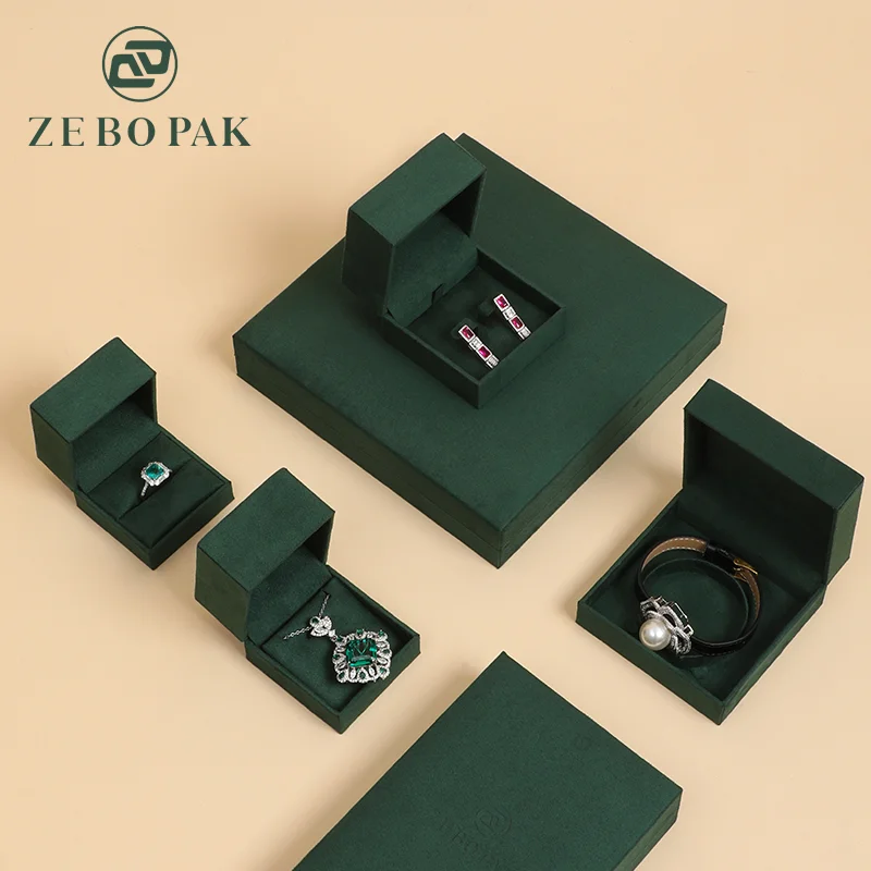 Zebopak Square Shape Luxury Jewelry Packaging Ring Necklace Bracelet Boxes Different Size Custom Suede Jewelry Case Green Color