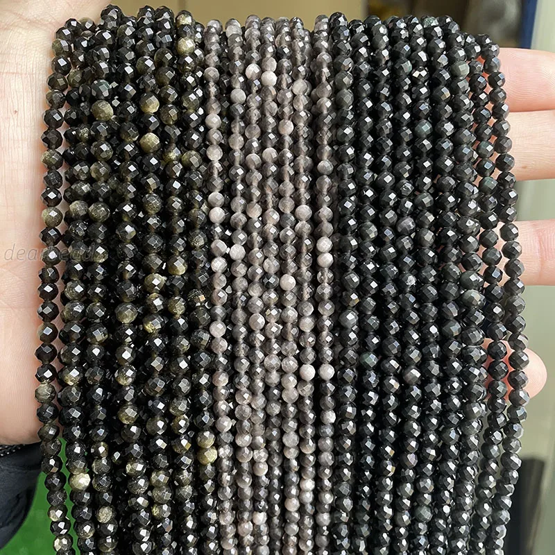 2mm 3mm 4mm Wholesale Natural Faceted Black Gold Silver Obsidian Beads Strands, Faceted Stone Bead for Jewelry Making
