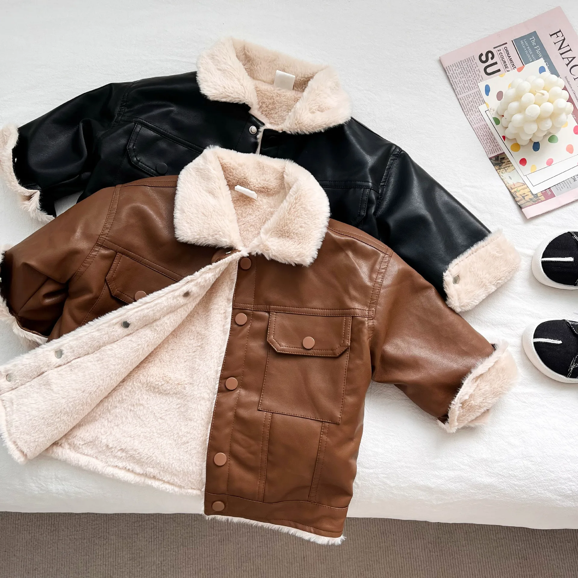 Baby Black&Brown Leather Winter Jackets Warm Faux Fur Thick 1-7 Years Boys Coats&Outwears