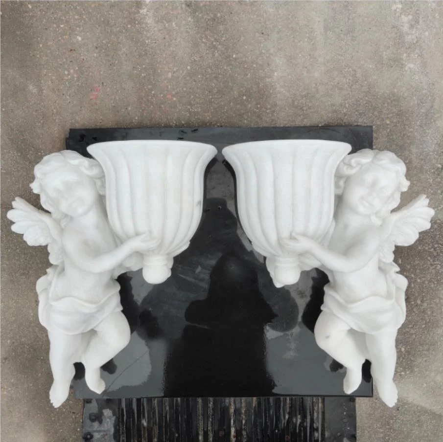 wholesale manufacturers life size white marble stone boy horn angel cherub statues