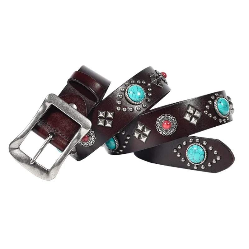 2024 new rivets decorated belt simulation turquoise ruby inlaid personalized ethnic style belt for men custom rhinestone belt