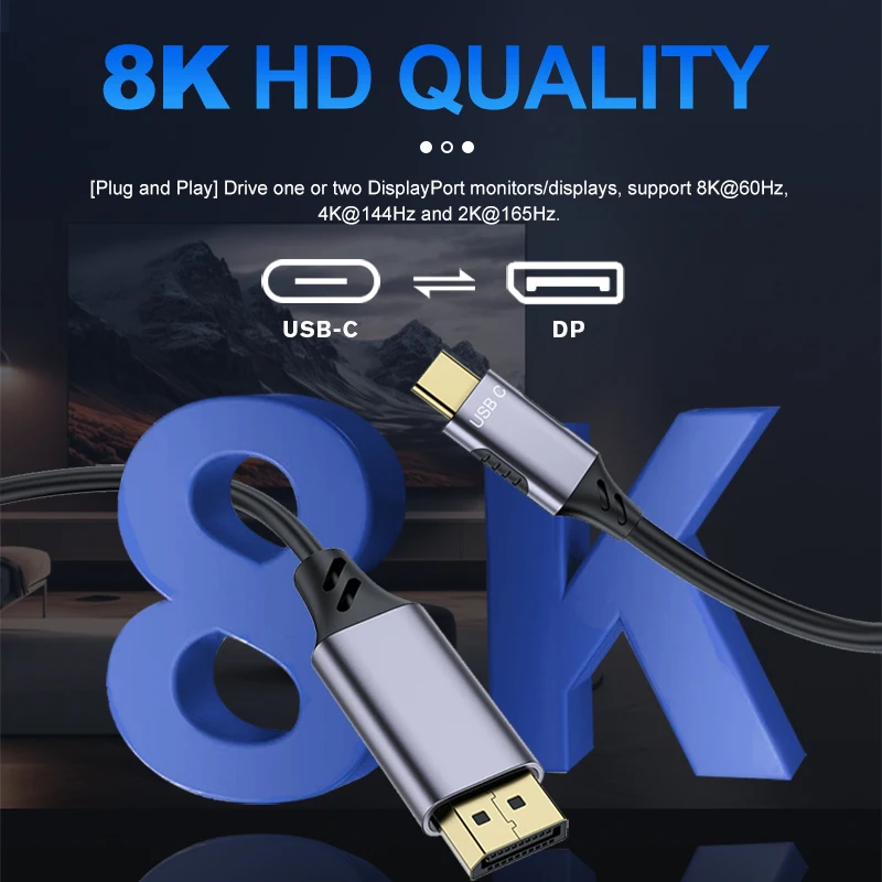 Dynamic HDR Type-c To Dp Displayport Cable 8k 60hz Usb C To Displayport Cable 32.4Gbps Usb Type C To Dp Cable