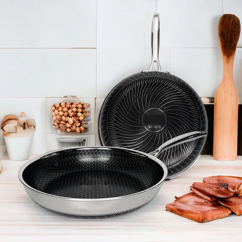 Modern Design Eco-friendly Skillet Stainless Steel Handle Frying Pan PFAS And  PTFE Free Honeycomb Cookware