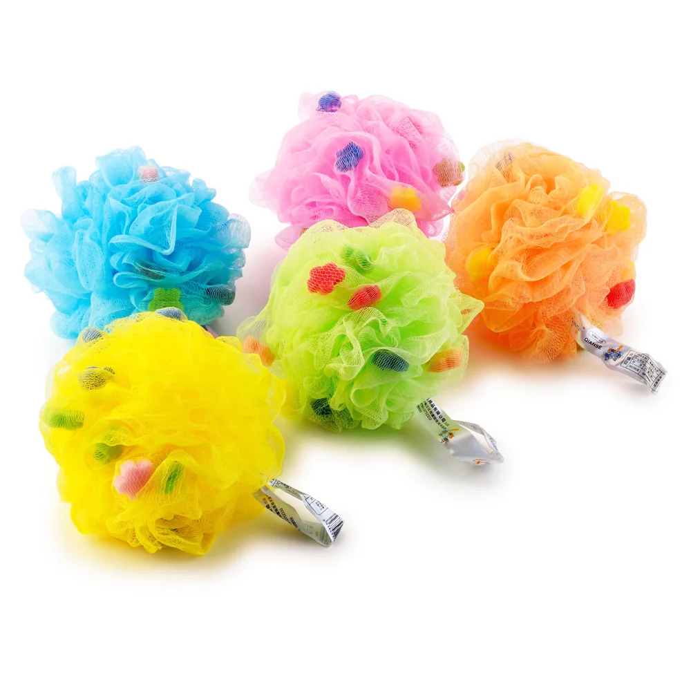 Bathroom Scrubber Body Loofah Bath Brush Exfoliating PE Mesh Bath Pouf With PU Sponge Eco-friendly Shower Sponges For Kids