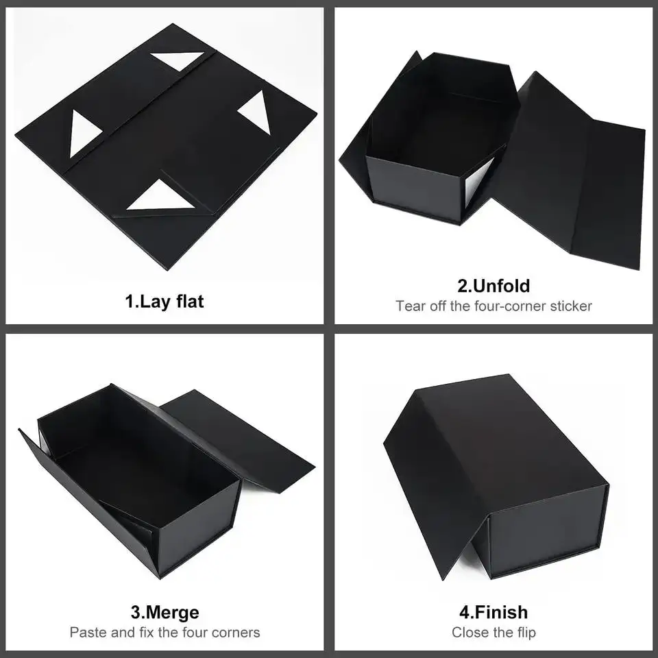 Luxury Custom Black Foldable Magnetic Cardboard Paper Gift Packing Clothing Box With Magnetic Lid