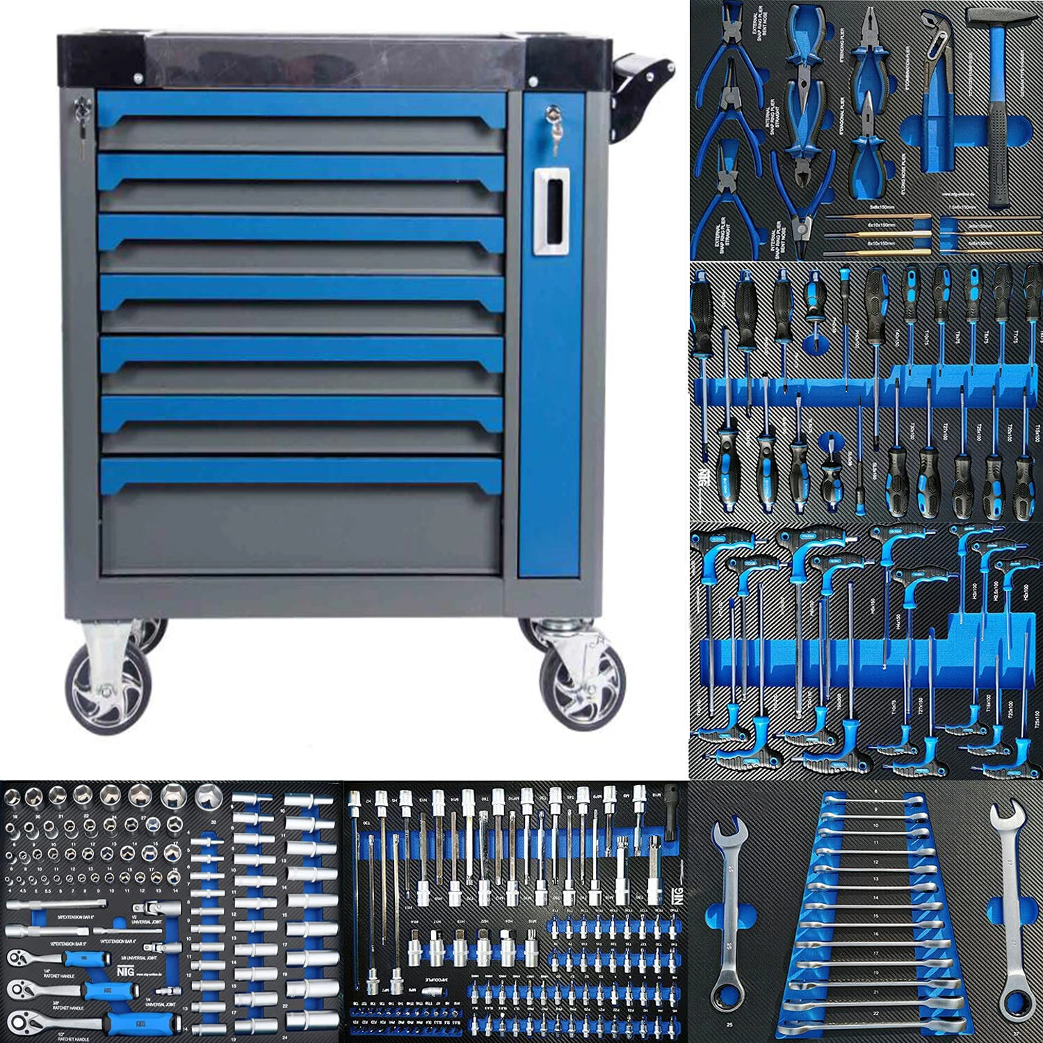 Professional 7 drawers tools box cabinet with 258 pcs tools set