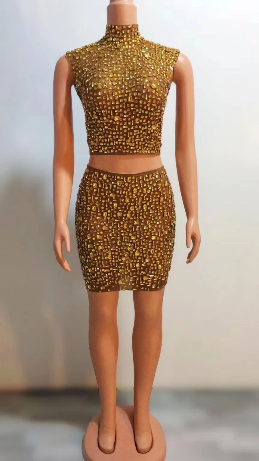 Latest Products Two Piece Set Women Stunning Bling Bling Rhinestones Clothing Glittering Crystals Cute Club Dresses High Neck
