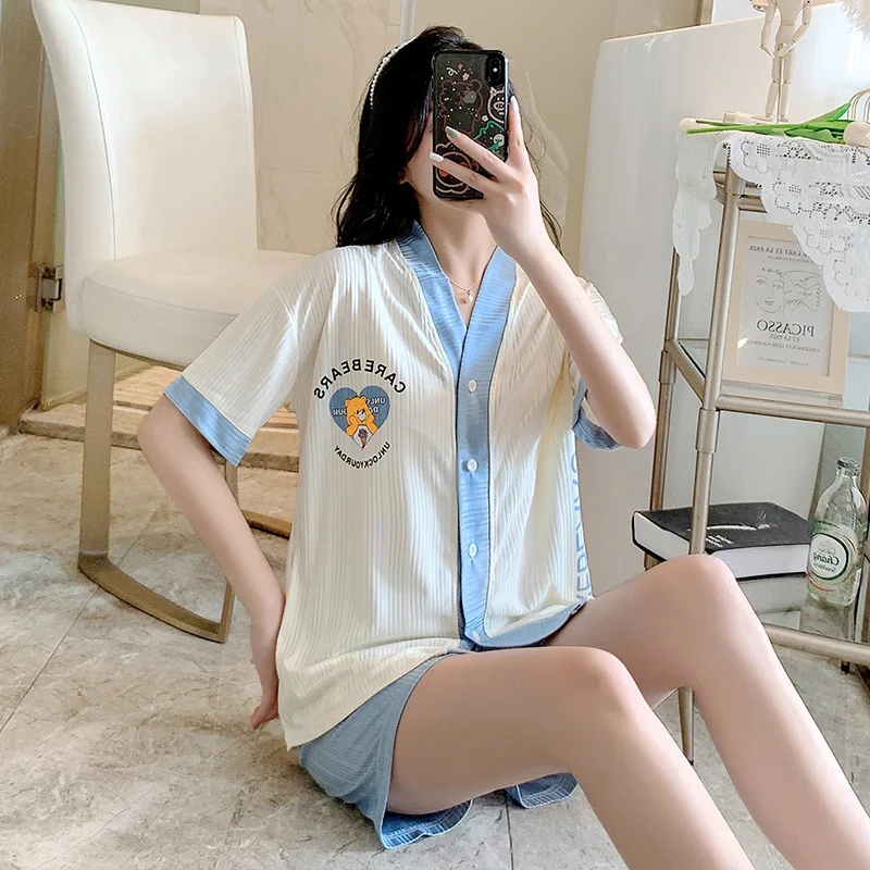 Pajamas female summer short sleeved Shorts Set student leisure lovely cartoon home clothes