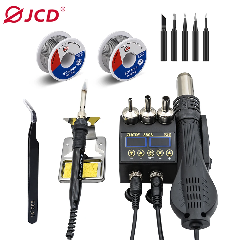 JCD 8898-5TK Soldering Station Rework Station Hot Air Gun Welding Repair Soldering Iron Tools 2 in 1 LED Digital Station 750w