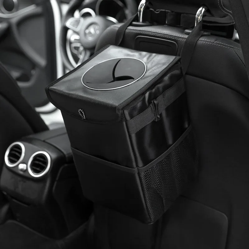 Car Trash Can with Lid and Storage Pockets, Waterproof Car Garbage Can, Multipurpose Trash Bin