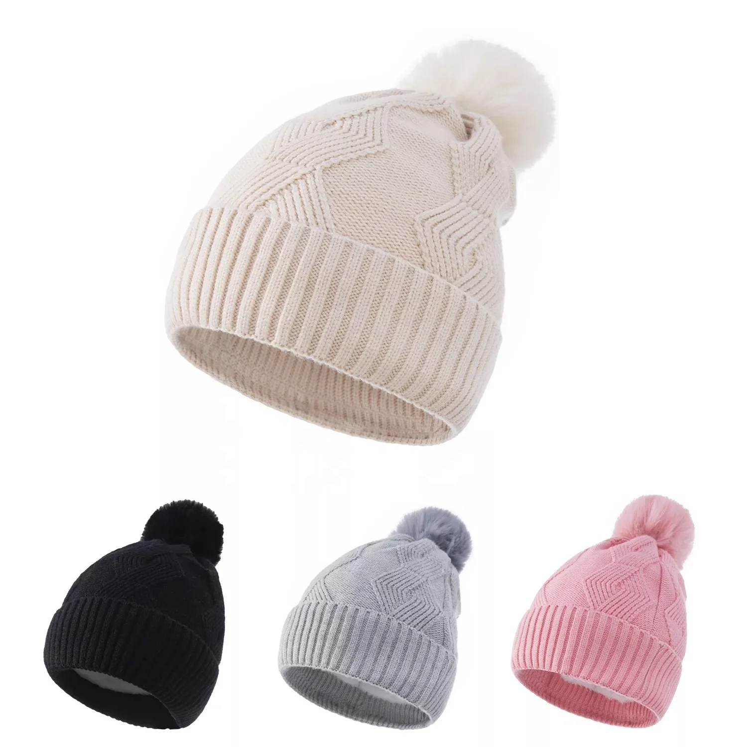 Women Winter Wool Hat Solid Color Big Fur Ball Toque Core Spun Yarn Knitted Warm Plush Beanies