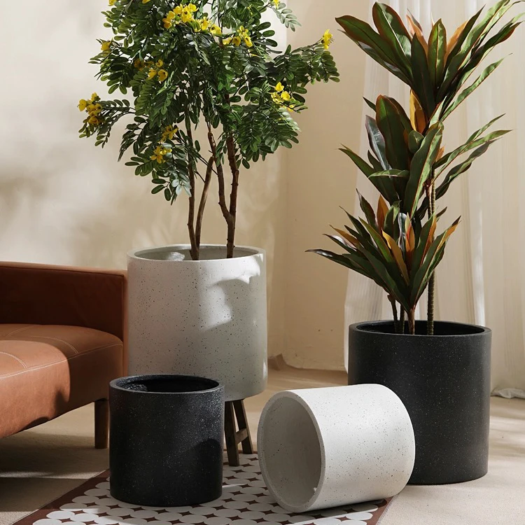 High quality floor decoraion cylinder fiber clay pot garden pots outdoor planters flower pot.JPG