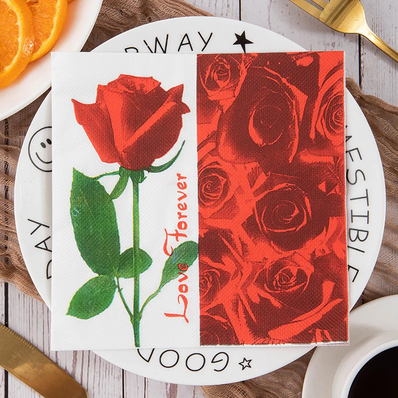 20Pcs/Pack Rose Floral Table Decoupage Paper Napkins Flower Napkin Paper Tissue for Wedding Party Supplies Wholesale