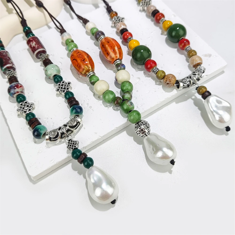 Bohemian Jewelry Colorful Beads Hand Woven Rope Necklace Trendy Ceramic Beads Retro Necklace with Shell Pearl Pendants for Sale