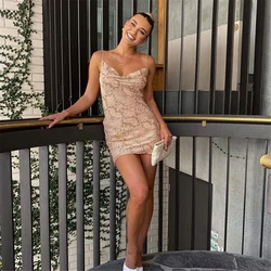 Women Sleeveless V-Neck Python Pattern Print Slim Fit Tank Cami Bodycon Mini Dress