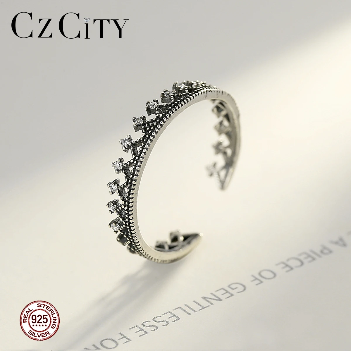 CZCITY Настоящее 925 стерлингового серебра ювелирные изделия классический Штабелируемый CZ Принцесса Корона Дизайн Кольцо Винтаж
