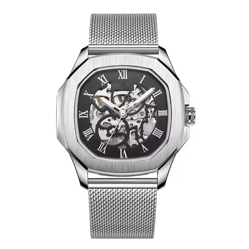 Brushed Bezel Metal Men Watch Visible Automatic Movement Hollow Out Skeleton Luxury Watch Mechanical Movement