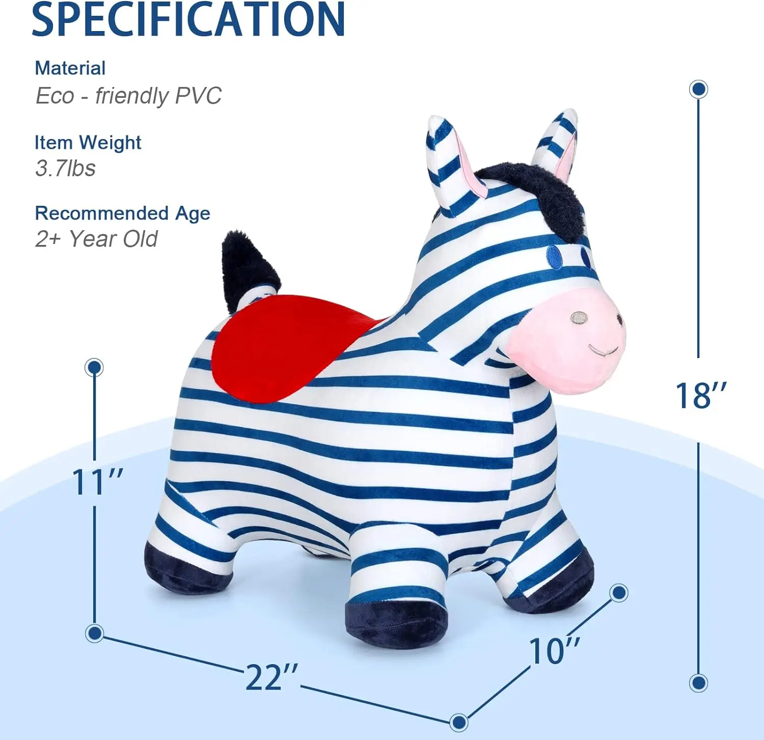 Bouncy Horse Blue Plush Zebra for Toddlers - Inflatable Bouncing Horse Hopper Toy, Ride on Bounce Animal