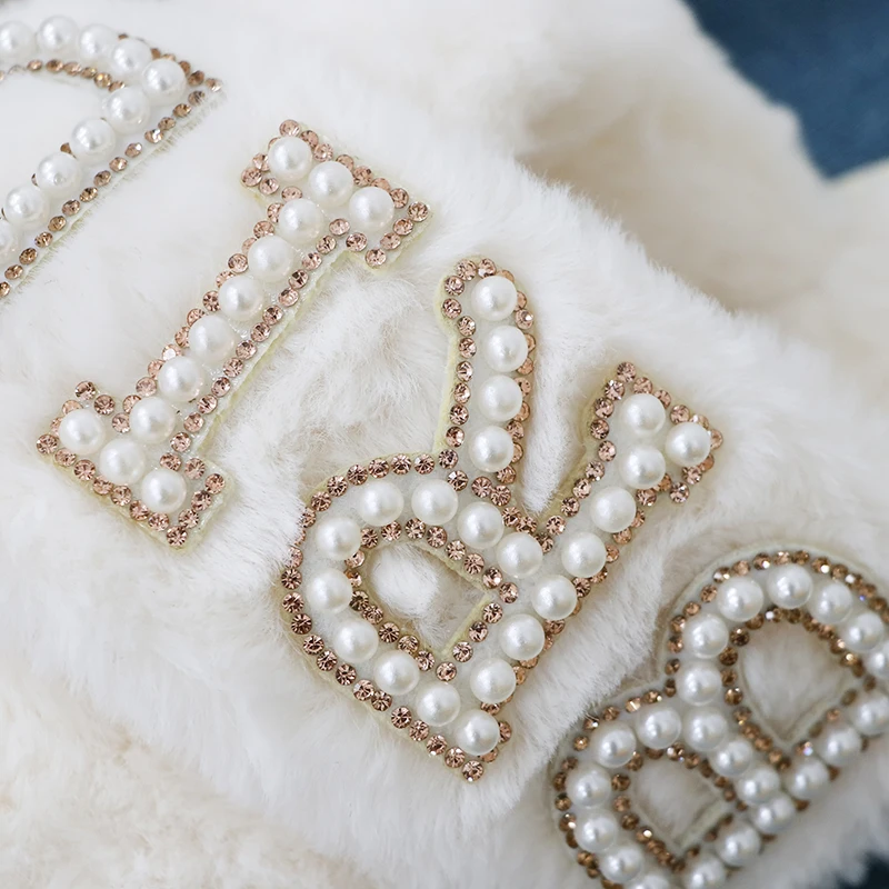 Wholesale OEM Pearl Patch Warm Plush Wedding Slides Rhinestone Bride Cross Band Handmade Slippers For Bride Bridesmaid