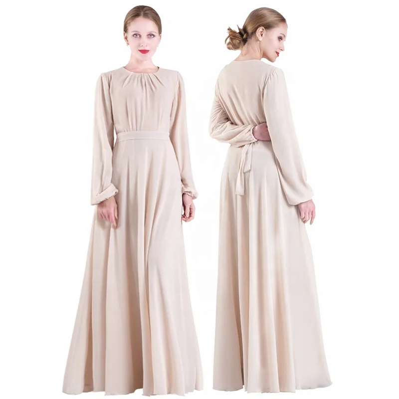 Modest ladies two layer chiffon belted islamic clothes solid color round collar ruffles women muslim chiffon dress