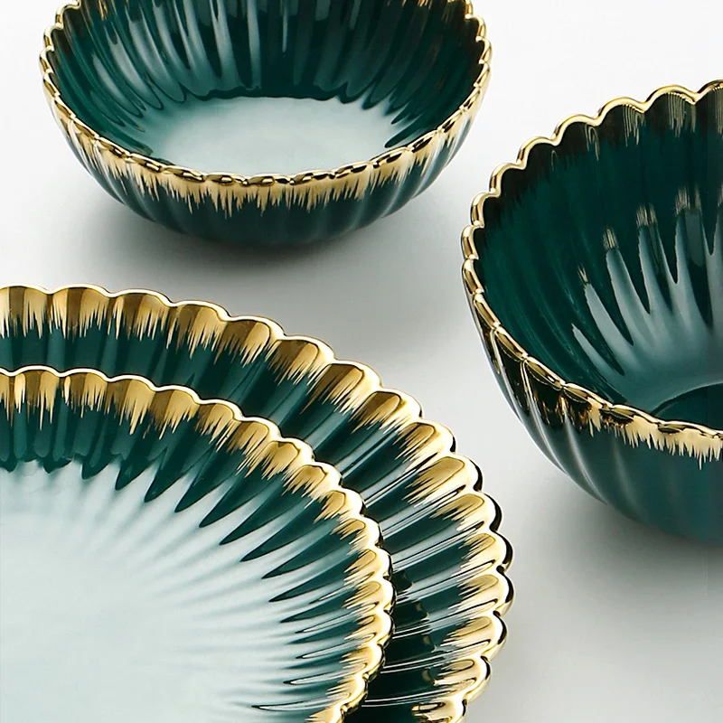factory supplier dinner set luxury plate ceramic tableware restaurant bowls gold plated dinnerware set