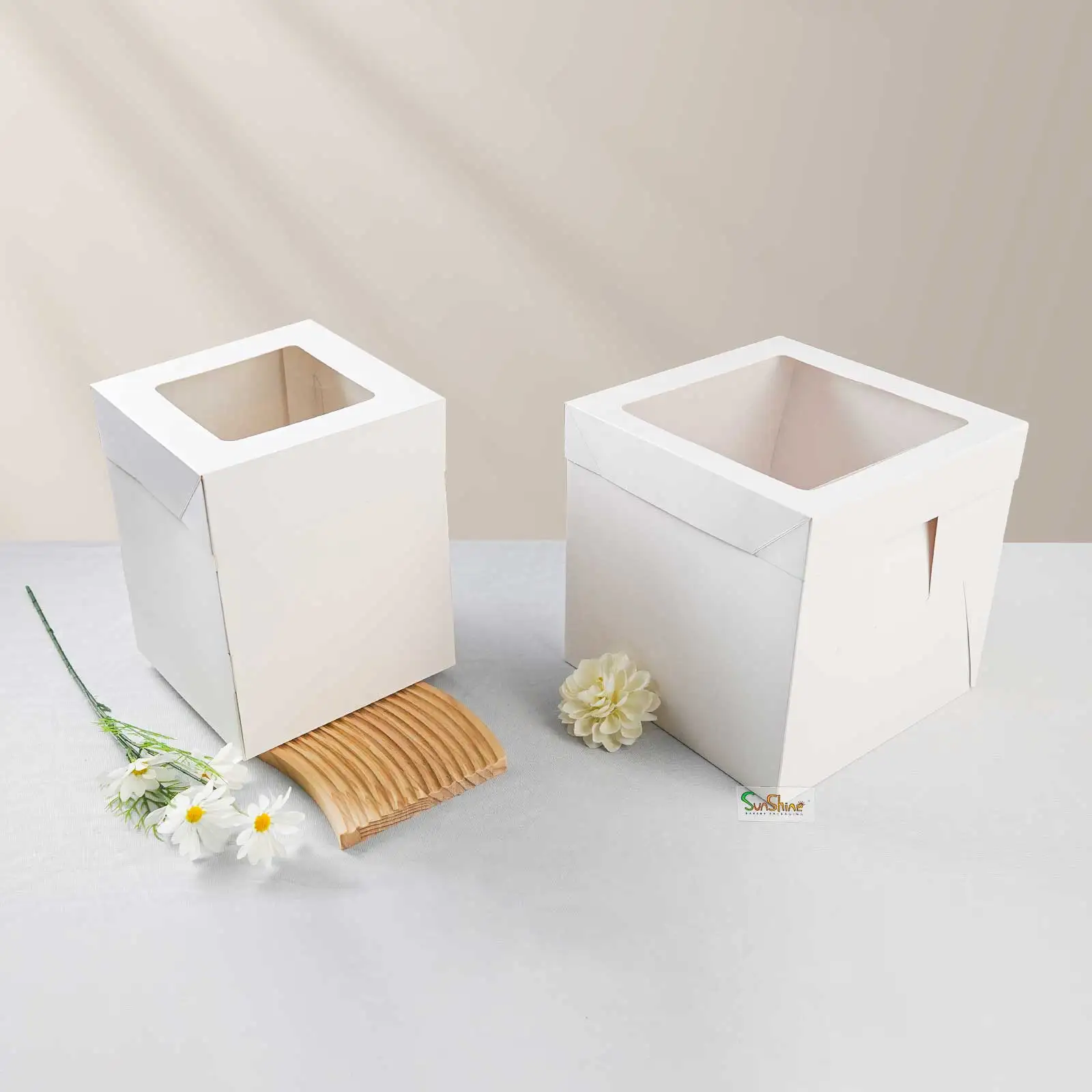 SunShine Quality White Cake Pastry Paper Boxes With Window Bakery Cardboard Birthday Cake Box