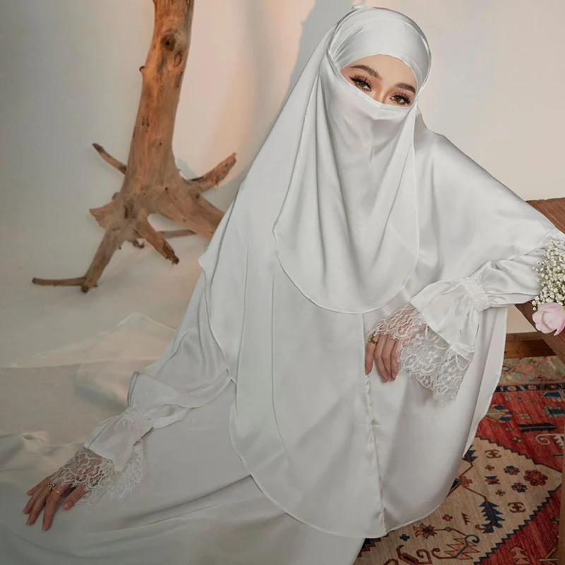 New Style white silk modest luxury abaya prayer women muslim dress with satin khimar and veil