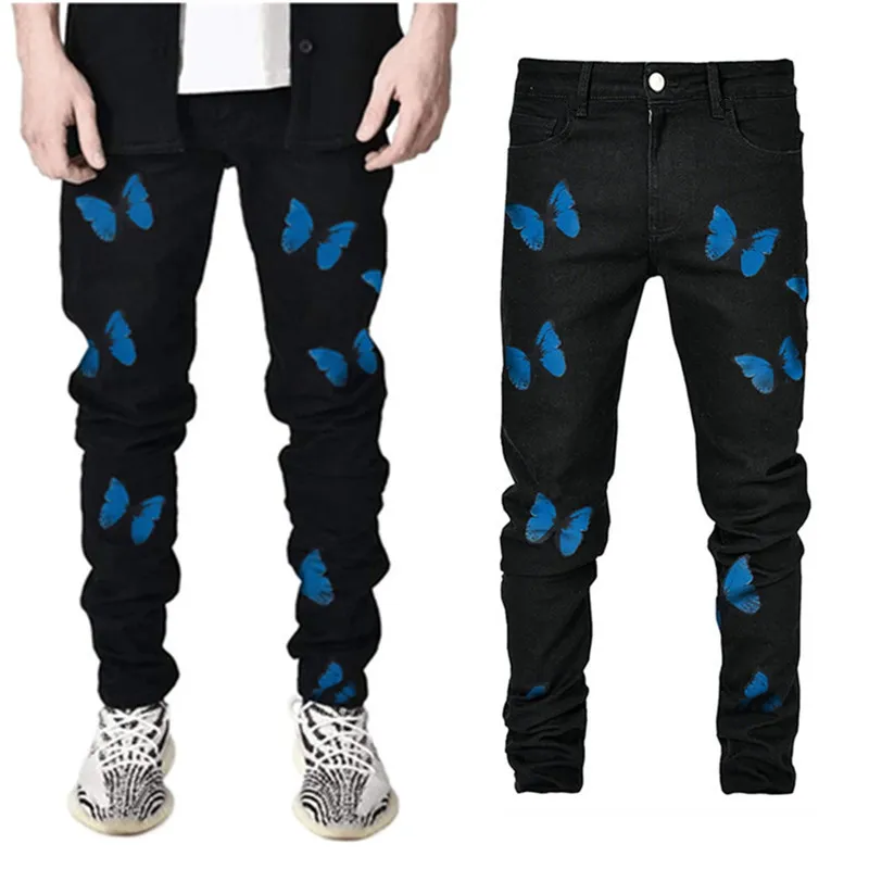 Wholesale Hot Selling High Street Butterfly Print Slim Fit Casual Ripped Denim Skinny Pencil Jeans for Men