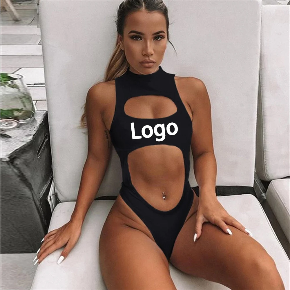 Custom Logo Women Black Sexy One Piece Swimsuit Female High Neck Swimwear Beachwear Bathing Suit