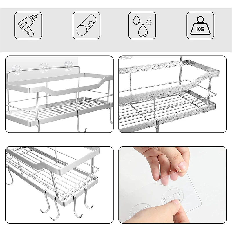 China wholesale on wall shower caddy bathroom shelf 2-pack for bathroom  stainless steel shower caddy adhesive