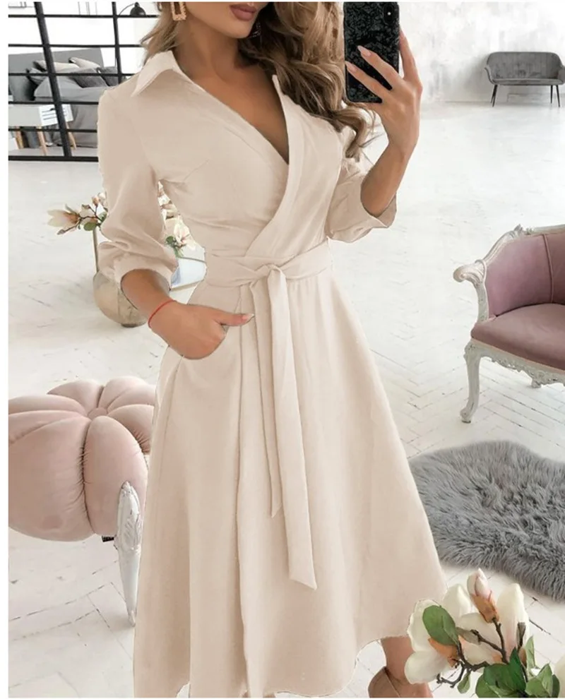 2022 Women casual offical dress high quality printing long sleeve maxi dress with pocket