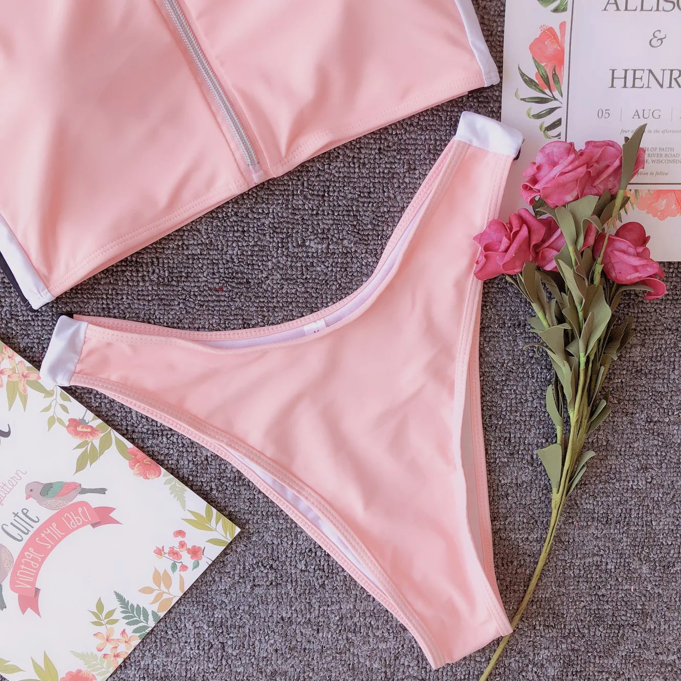 Free Shipping Hot Sales Women Sexy Zipper Bathing Suit Two Piece Thong Brazilian Black Swimsuits