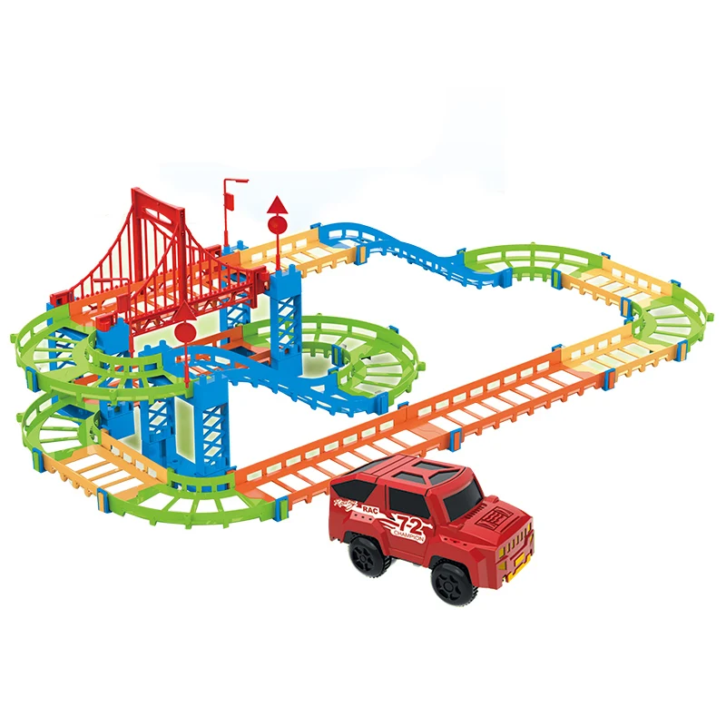 Low price cool 73pcs B/O electric racing rail track slot car toy children